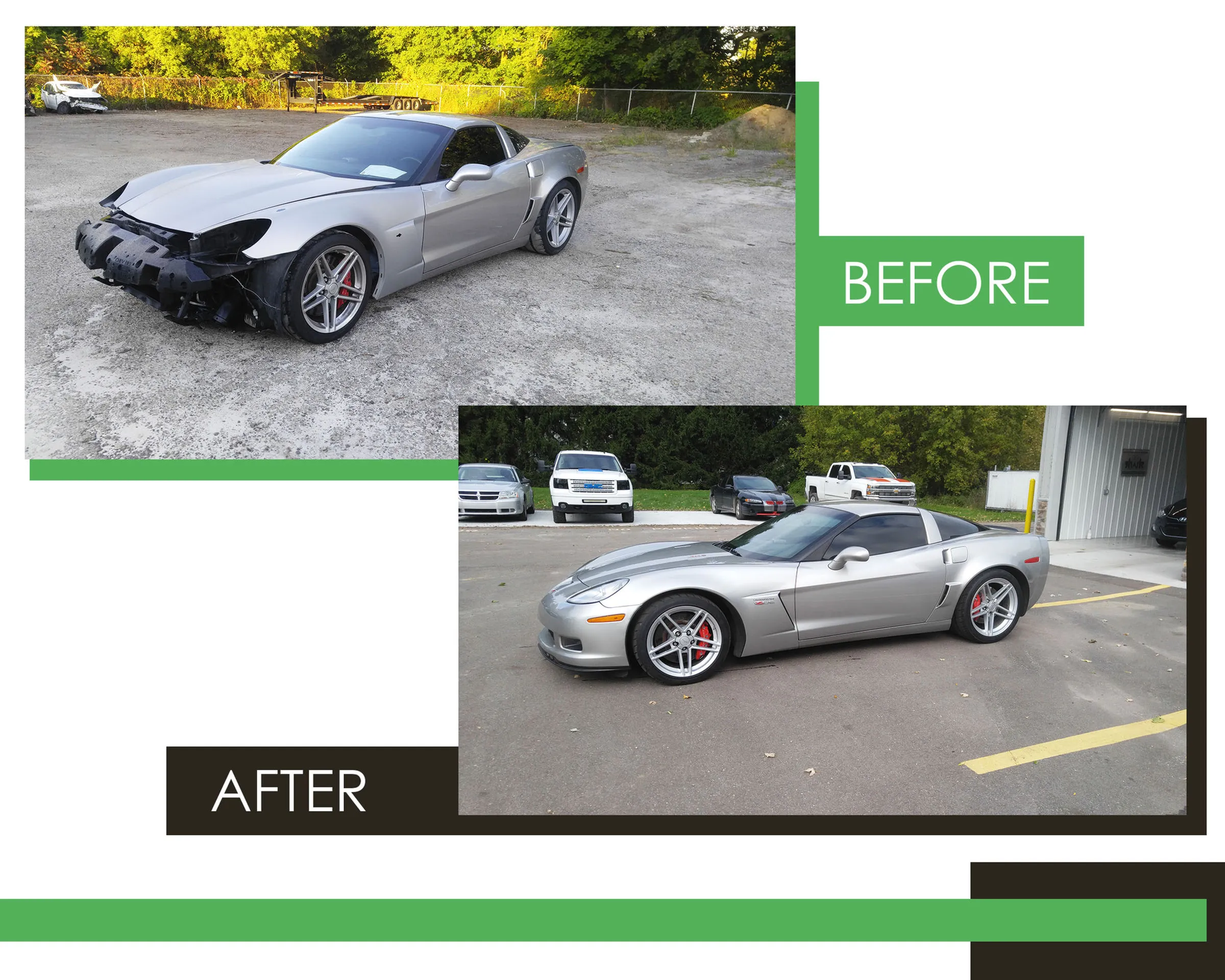 Silver Corvette before and after front end repair