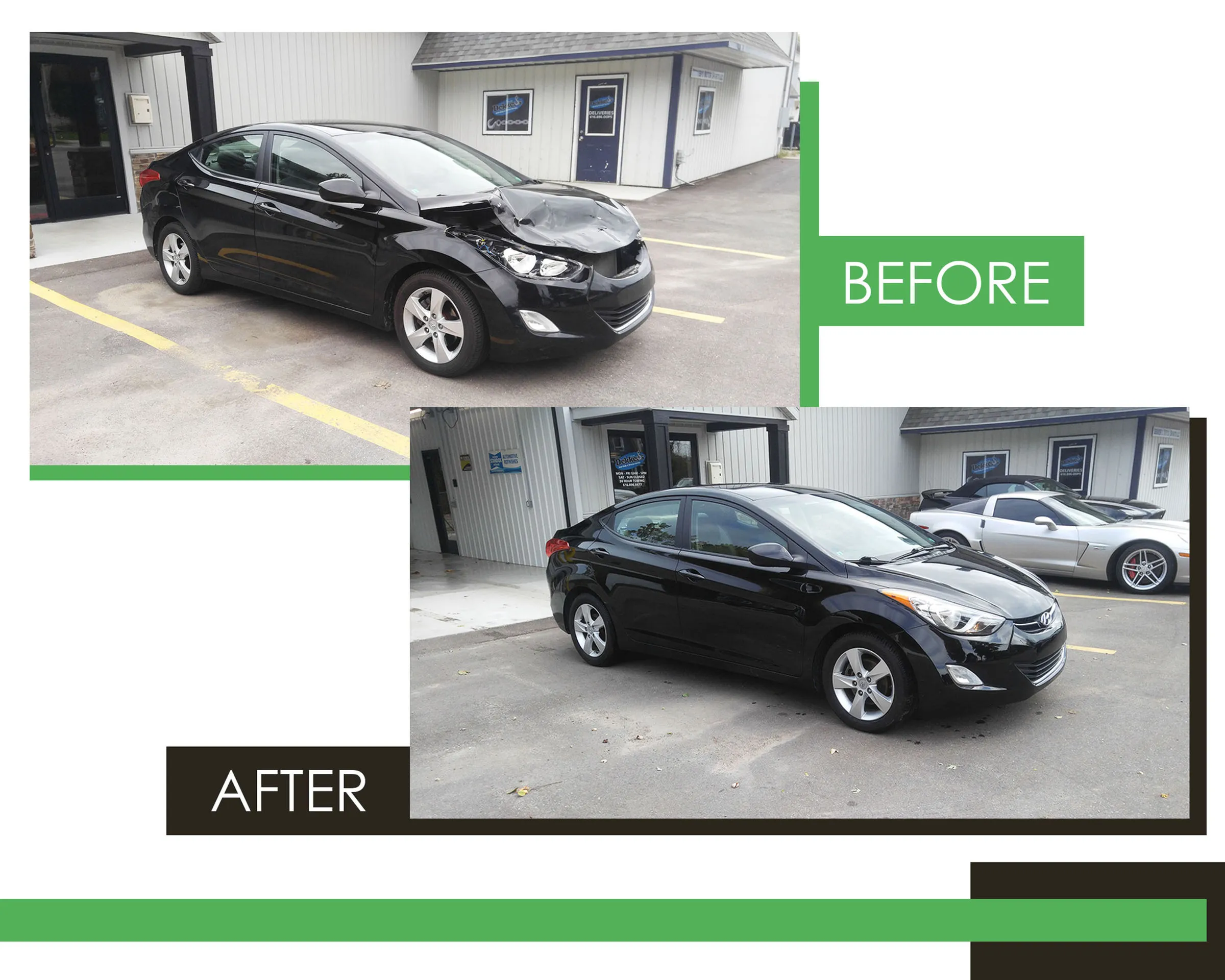 Black sedan before and after collision repair at Spanky's