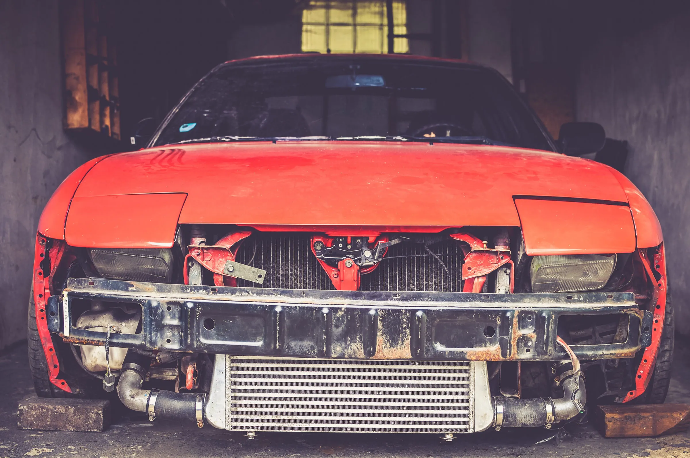 Front end of a car disassembled for repair